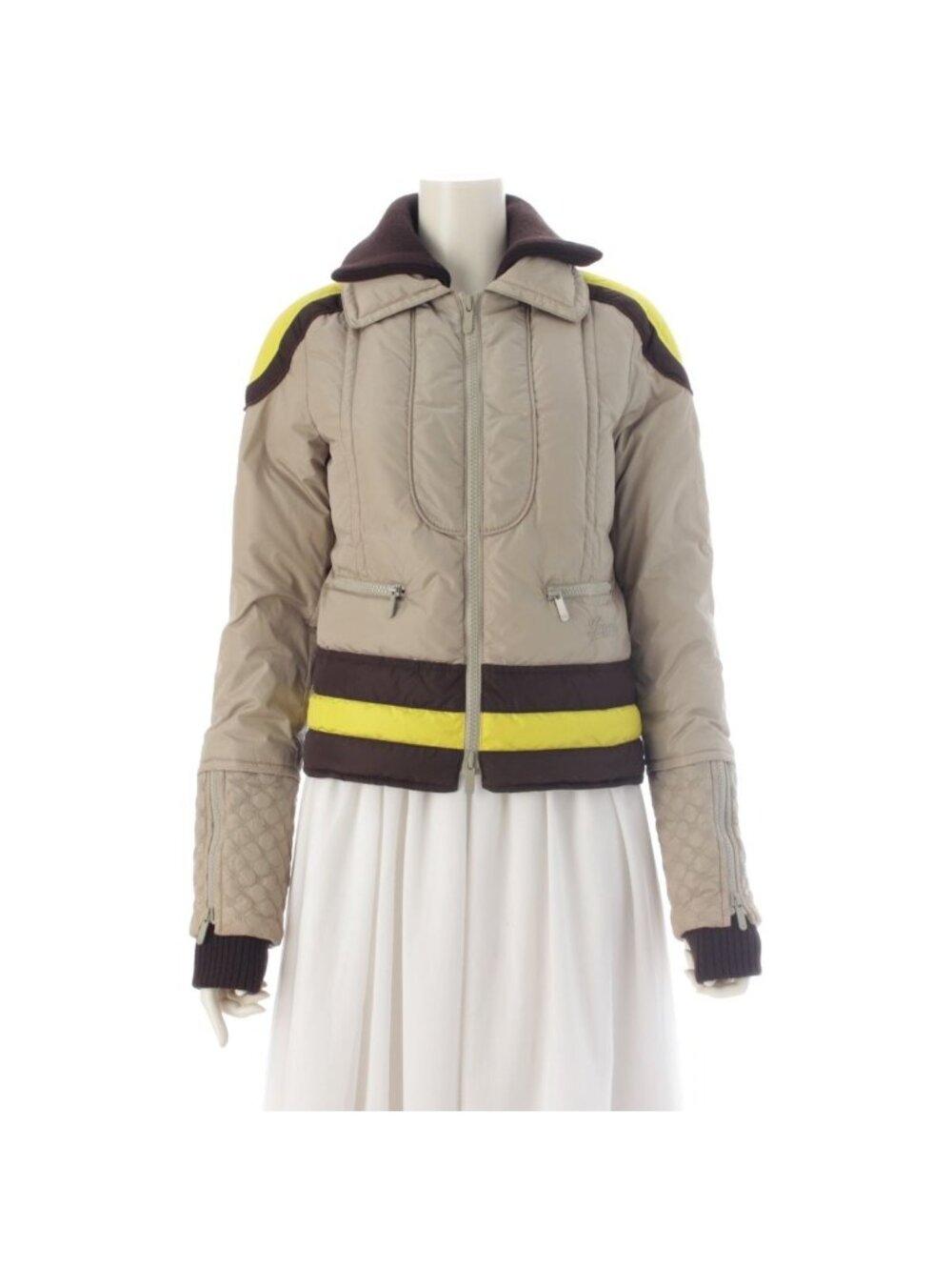 Gucci GG Contrast Cuff Multi Zip Down Jacket Style Ski Wear Thump Ring Greige